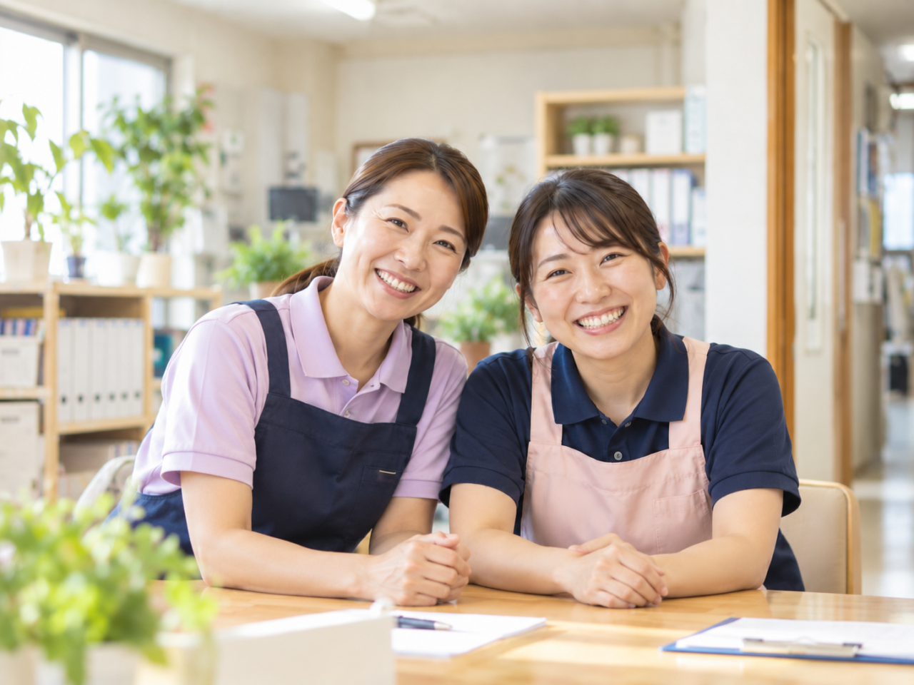 笑顔で並ぶ2名の女性介護スタッフ。介護事業所つぐみのヘルパースタッフ募集をイメージした画像。