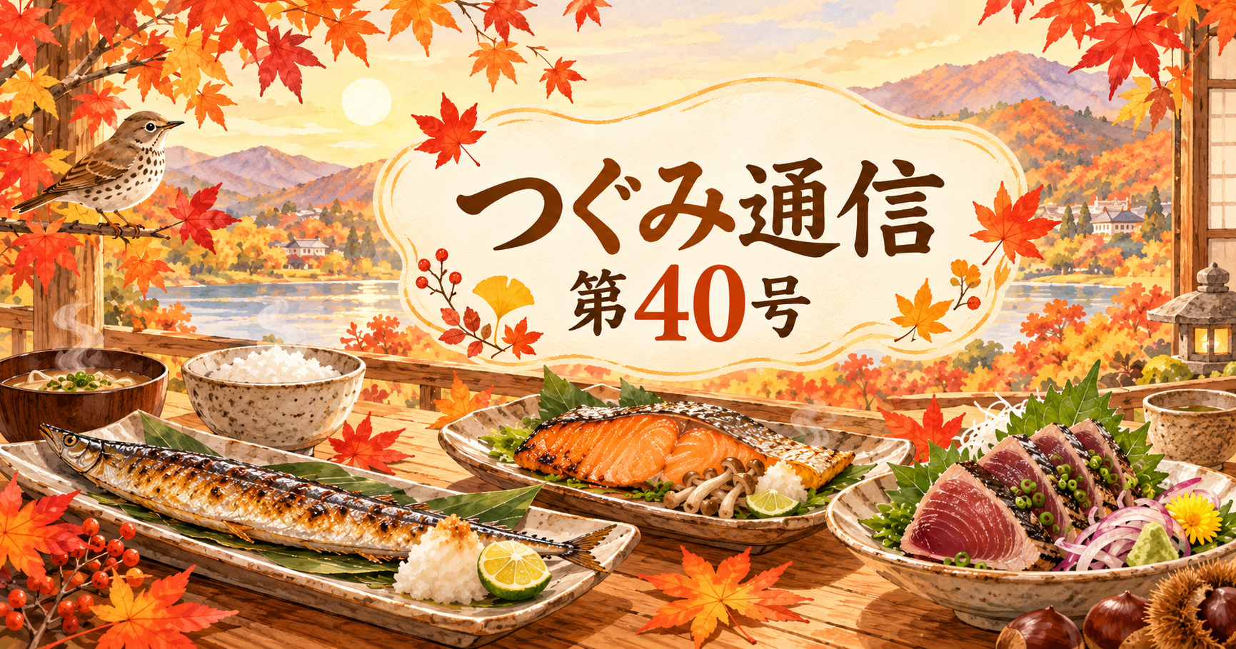 紅葉の秋景色を背景に、秋刀魚・秋鮭・戻り鰹など秋の味覚と「つぐみ通信 第40号」を描いた温かみのあるイラスト